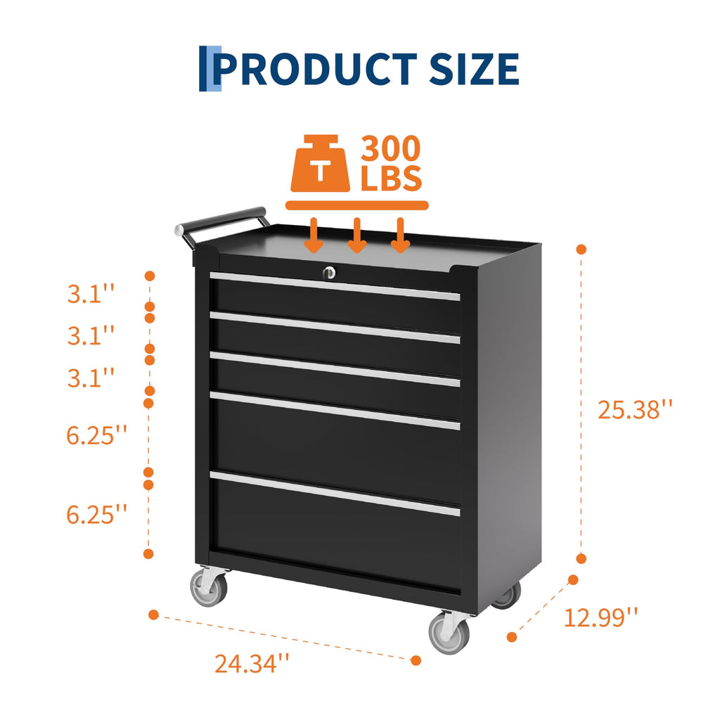 Rolling Tool Chest with Wheels, 5 Drawer Tool StoraCabinet, Portable Toolbox Organizer with Lock, Heavy Duty Tool Chest Cart for Garage, Mechanic, Workshop, Shop, Mobile Tool Organizer, Black