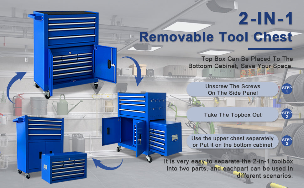 13-Drawer Rolling Tool Chest, 2 in 1 Detachable Metal Tool Cabinet with Lock & Wheels, Heavy-Duty Tool StoraOrganizer for Garage, Workshop, Auto Repair & Home(Blue)