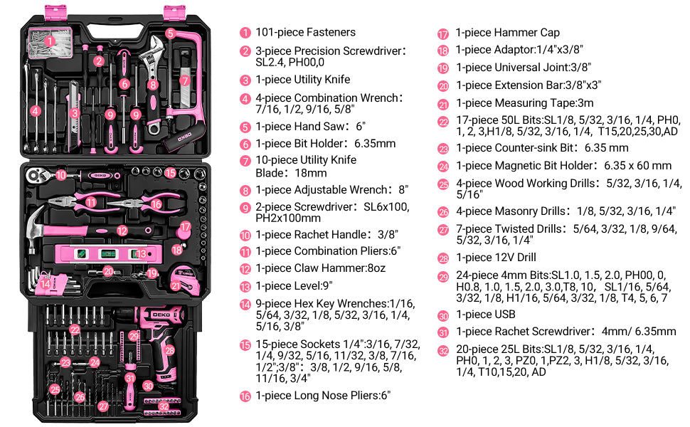 Pink Tool Kit Box Drill Set： Home Mechanic Toolbox with 12V Power Cordless Drill Hand Repair Tools Sets Combo Kits StoraOrganizer Drawer Case for Men & Women