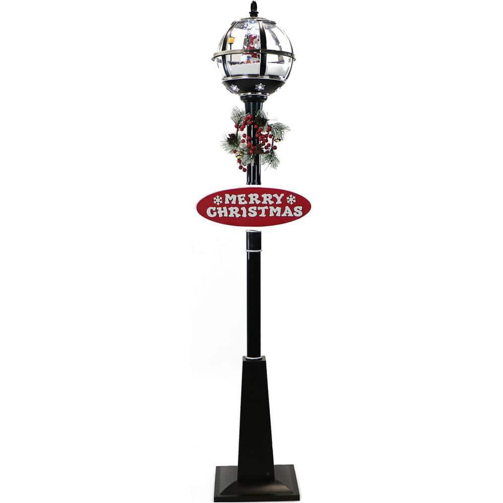 69 in. Black Christmas Musical Snow Globe Lamp Post with Santa Scene, 2 Signs, Cascading Snow and Christmas Carols