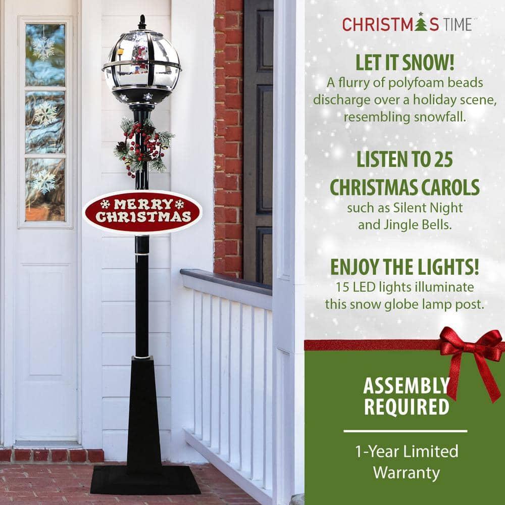 69 in. Black Christmas Musical Snow Globe Lamp Post with Santa Scene, 2 Signs, Cascading Snow and Christmas Carols