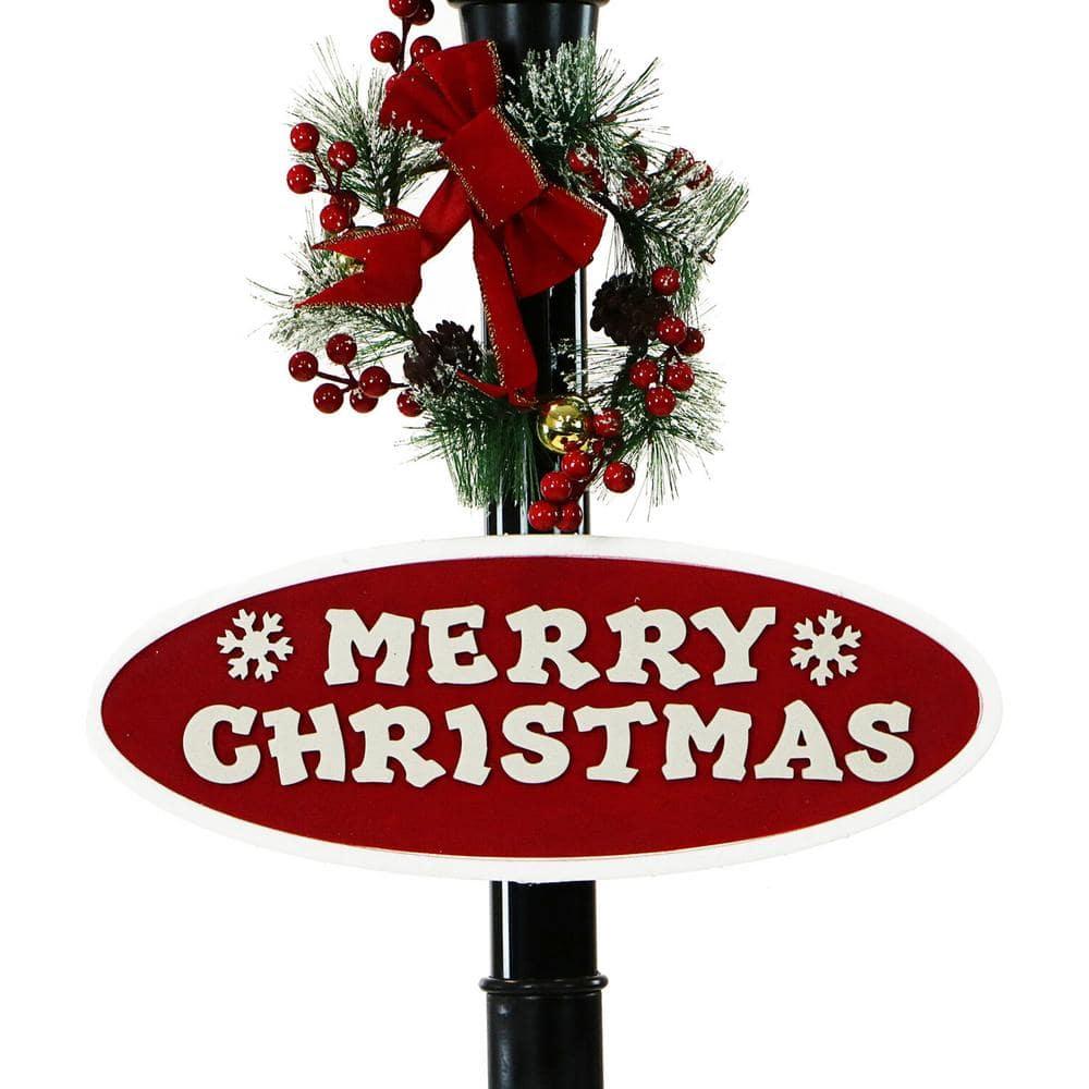 69 in. Black Christmas Musical Snow Globe Lamp Post with Santa Scene, 2 Signs, Cascading Snow and Christmas Carols