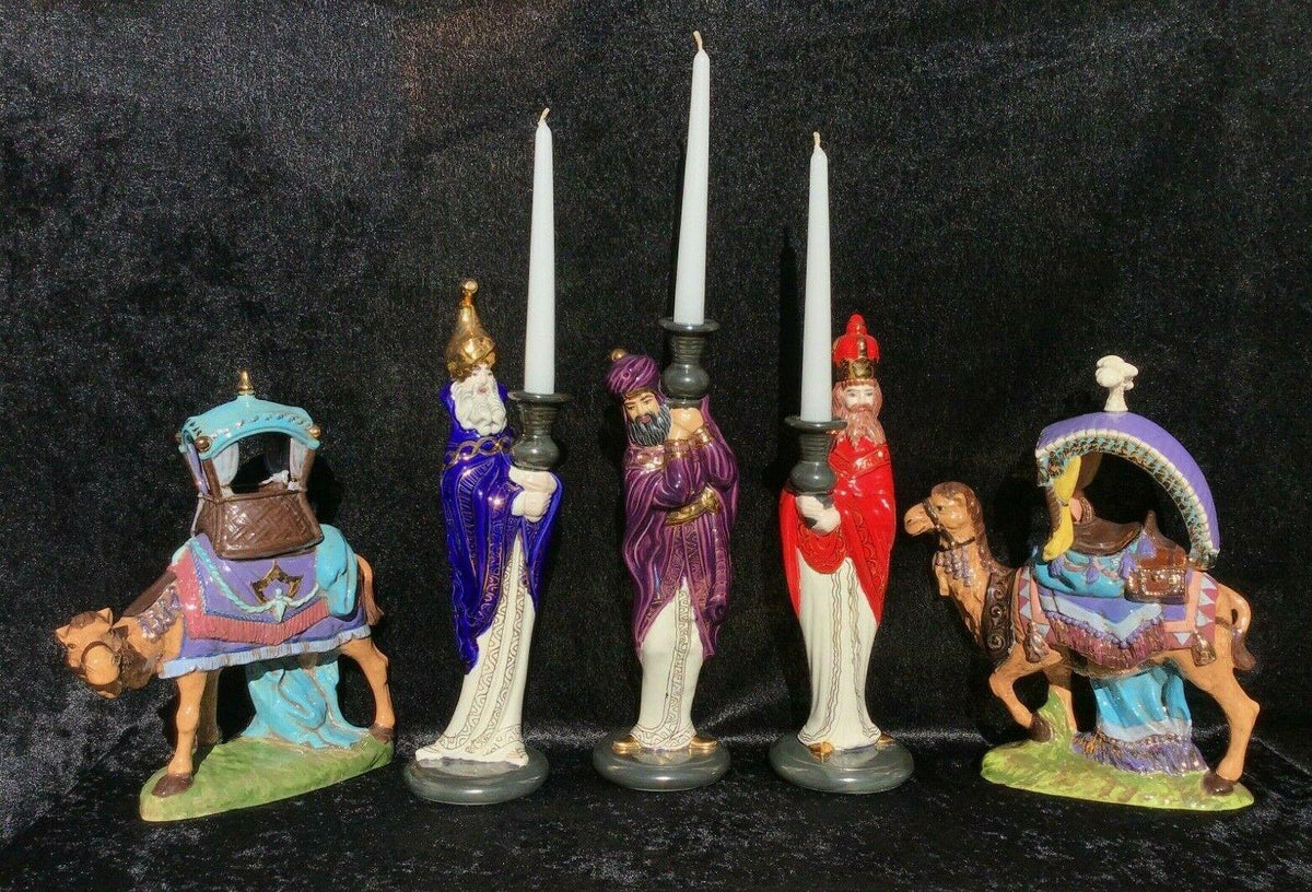 14" Mantle Nativity Figurines 3 Wise Men Candle Holders 2 Camels