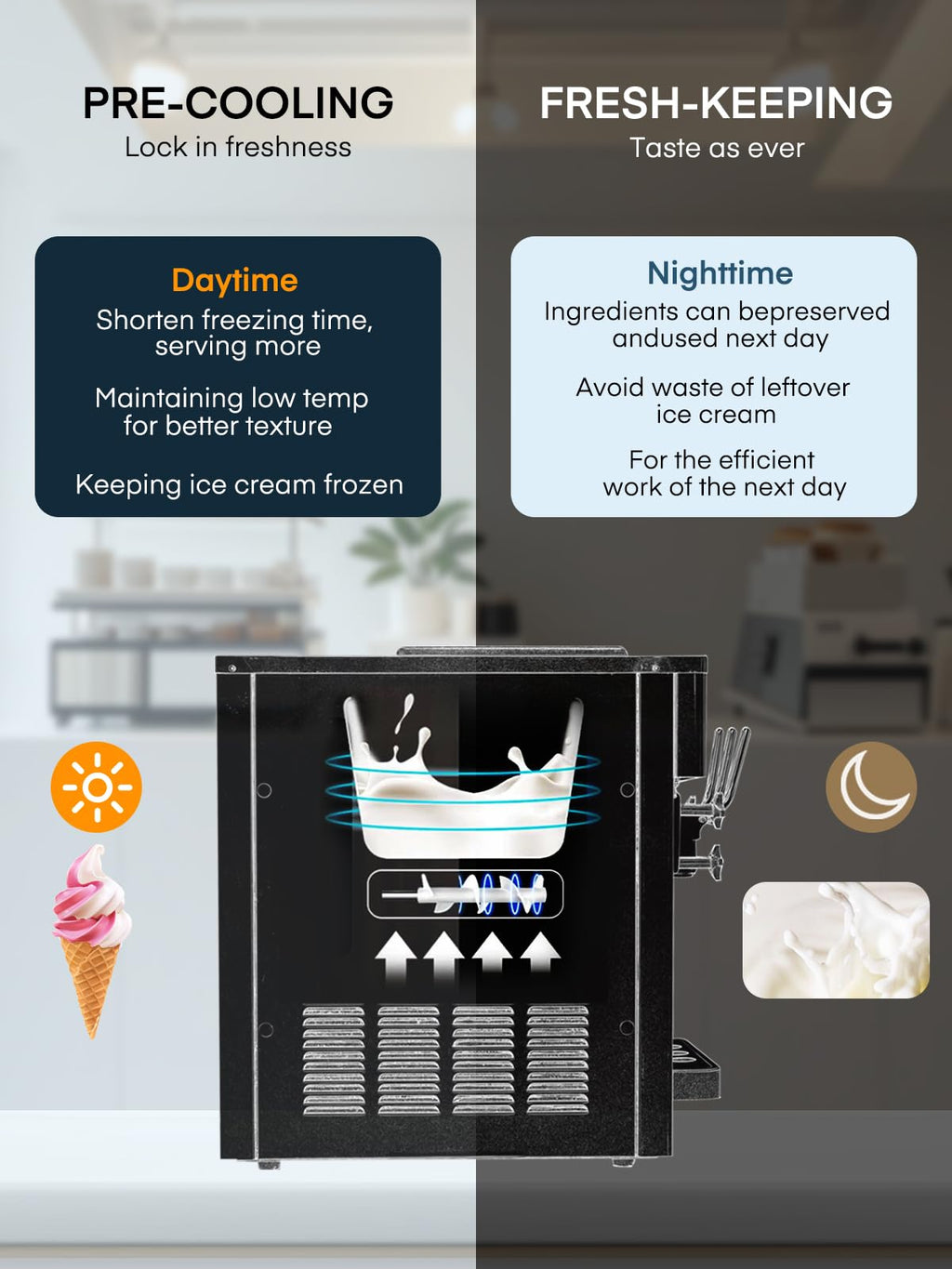 Commercial Ice Cream Machine 5.3-7.4 Gal/H, 3 Flavors Countertop Soft Serve Ice Cream Machine with 8L Hopper, Auto Clean Ice Cream Maker With Pre-Cooling for Snack Restaurants Bars, 1800W
