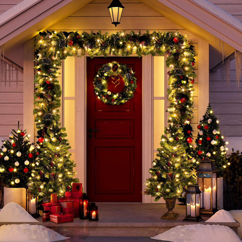 SESSLIFE 4pc Christmas Decoration Set, 2 Pre-lit Christmas Trees(4ft), 9ft Garland and 20in Diameter Wreath, Indoor Outdoor Christmas Decoration for Home Party Office, Green, TE1972