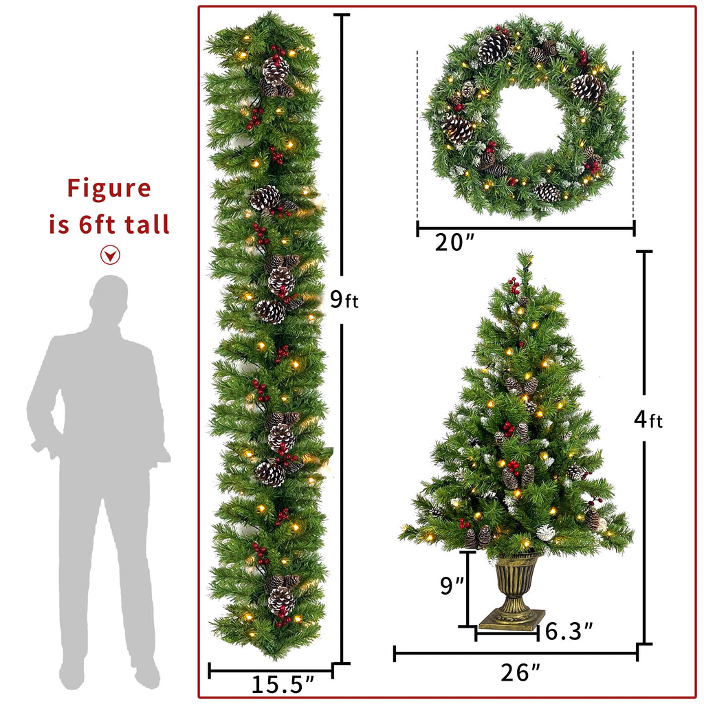 SESSLIFE 4pc Christmas Decoration Set, 2 Pre-lit Christmas Trees(4ft), 9ft Garland and 20in Diameter Wreath, Indoor Outdoor Christmas Decoration for Home Party Office, Green, TE1972