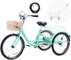 Viribus Adult Three Wheel Tricycle Single Speed Hybrid Cargo Cruiser Trike Bike with Removable Wheeled Basket Bell for Shopping or Dogs Dustproof Bag Exercise Bicycle (Light Green/26)