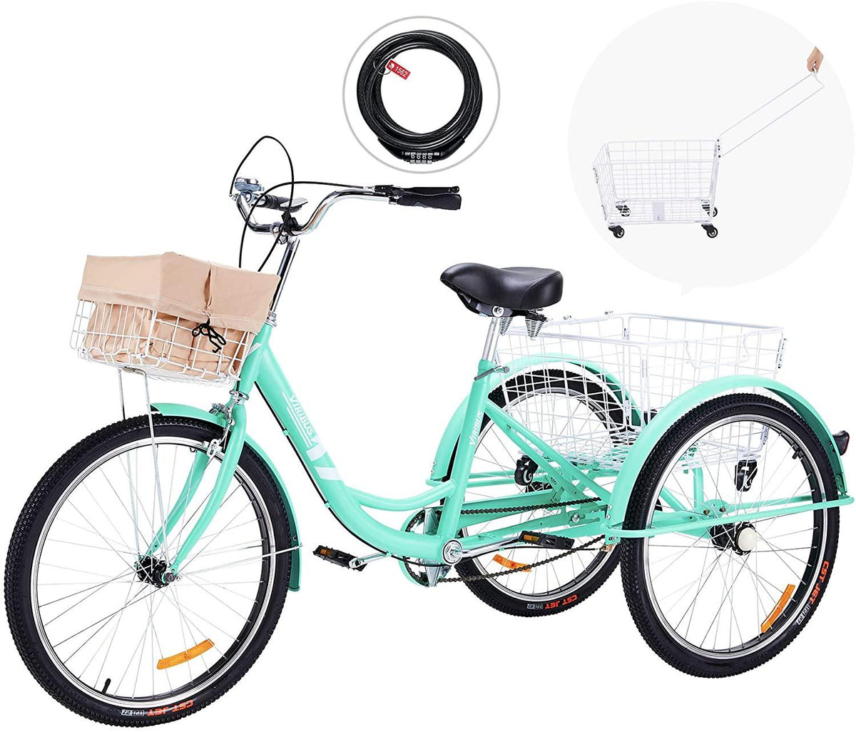 Viribus Adult Three Wheel Tricycle Single Speed Hybrid Cargo Cruiser Trike Bike with Removable Wheeled Basket Bell for Shopping or Dogs Dustproof Bag Exercise Bicycle (Light Green/26)