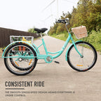 Viribus Adult Three Wheel Tricycle Single Speed Hybrid Cargo Cruiser Trike Bike with Removable Wheeled Basket Bell for Shopping or Dogs Dustproof Bag Exercise Bicycle (Light Green/26)