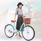 26''Complete Cruiser Bicycles for Women,Single Speed Beach Cruiser Bicycle W/Basket&amp;Back Seat,Classic Retro Style,Leather Seat,Easy Assembly,Comfortable Road Bikes,for Leisure Picnics Shopping