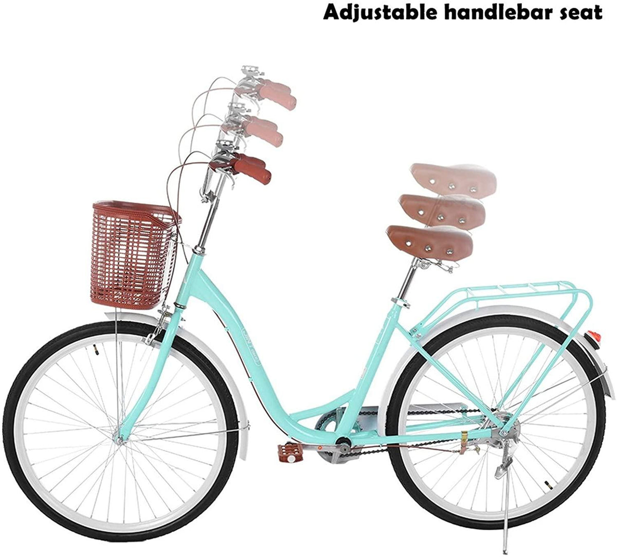 26''Complete Cruiser Bicycles for Women,Single Speed Beach Cruiser Bicycle W/Basket&amp;Back Seat,Classic Retro Style,Leather Seat,Easy Assembly,Comfortable Road Bikes,for Leisure Picnics Shopping