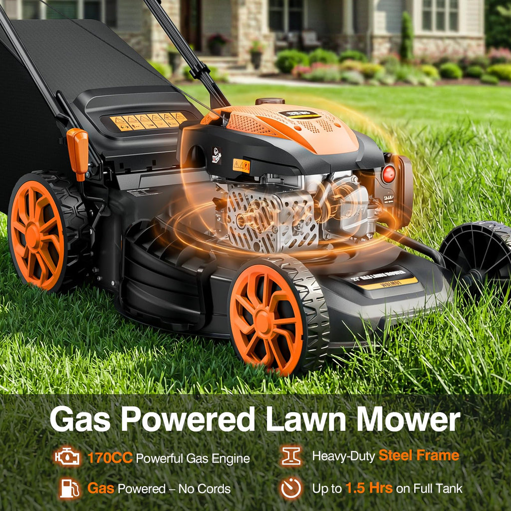 21” Self Propelled Lawn Mower Gas, 170CC 4-in-1 Mulch/Rear Bag/Side Discharge/Rear Discharge, Walk-Behind Gas Lawnmower with 7-Position Cutting Height, Foldable Gas Powered Lawn Mowers