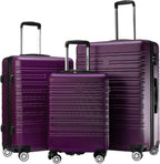Luggage 3 Piece Set Lightweight Suitcase ABS Hardshell with TSA Lock Spinner Wheels 19inch(carry on)/ 24inch / 28inch (Purple)