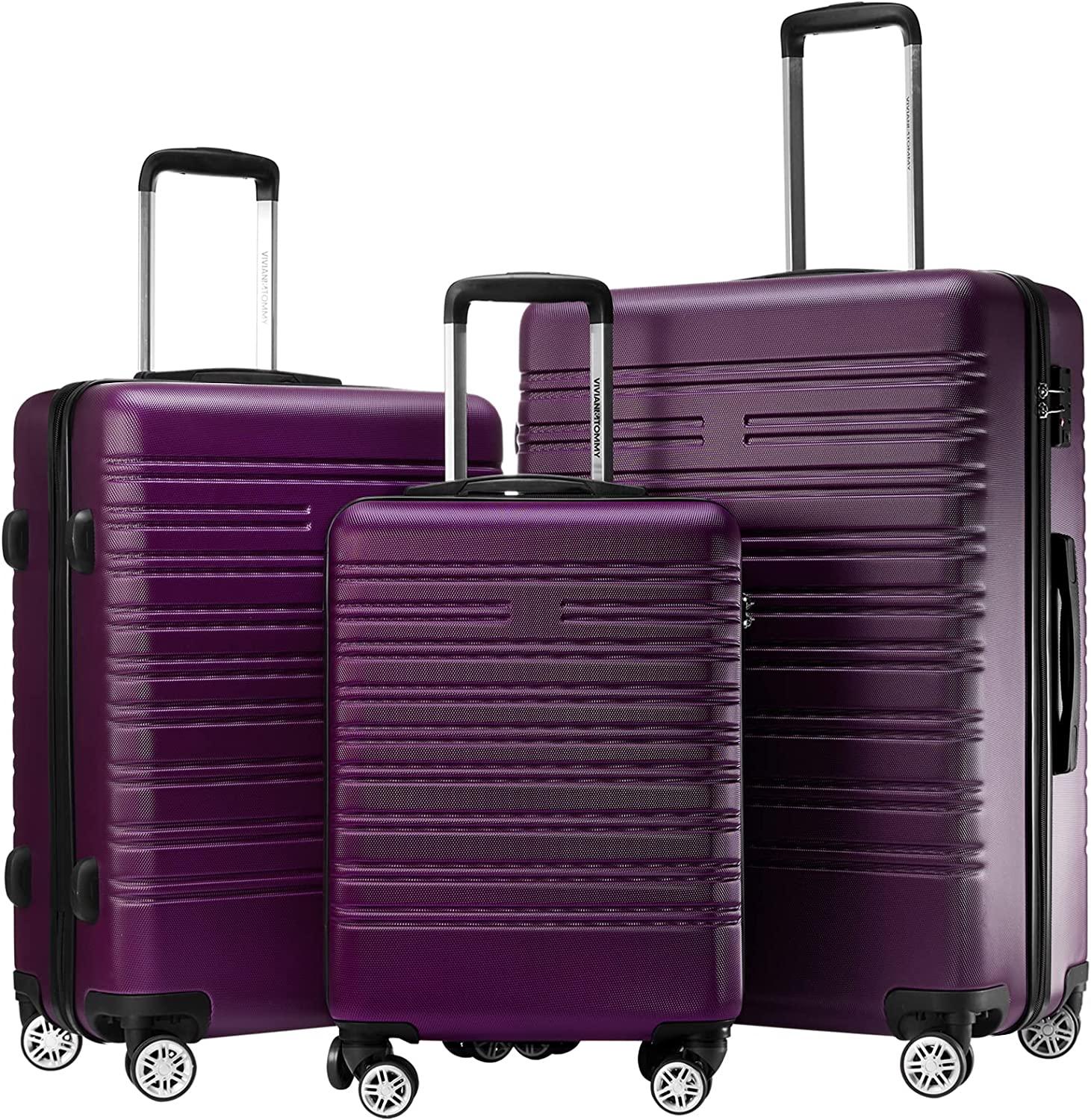 Luggage 3 Piece Set Lightweight Suitcase ABS Hardshell with TSA Lock Spinner Wheels 19inch(carry on)/ 24inch / 28inch (Purple)