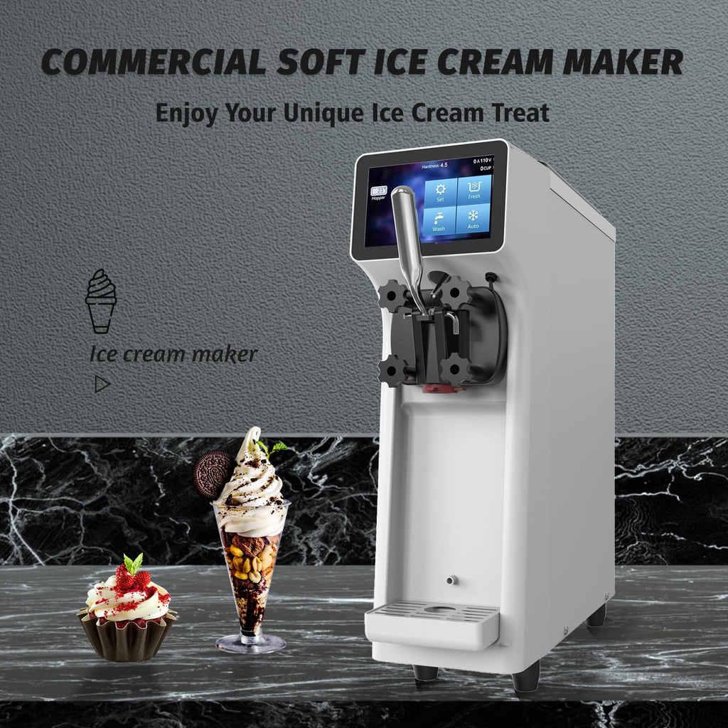 Commercial Ice Cream Maker Machine 1000W 2.7 to 4 Gal/H Single Flavor Soft Serve Ice Cream Machine Pre-cooling Auto Clean LCD Touch Screen Soft Serve Maker for Snack Bar Restaurants