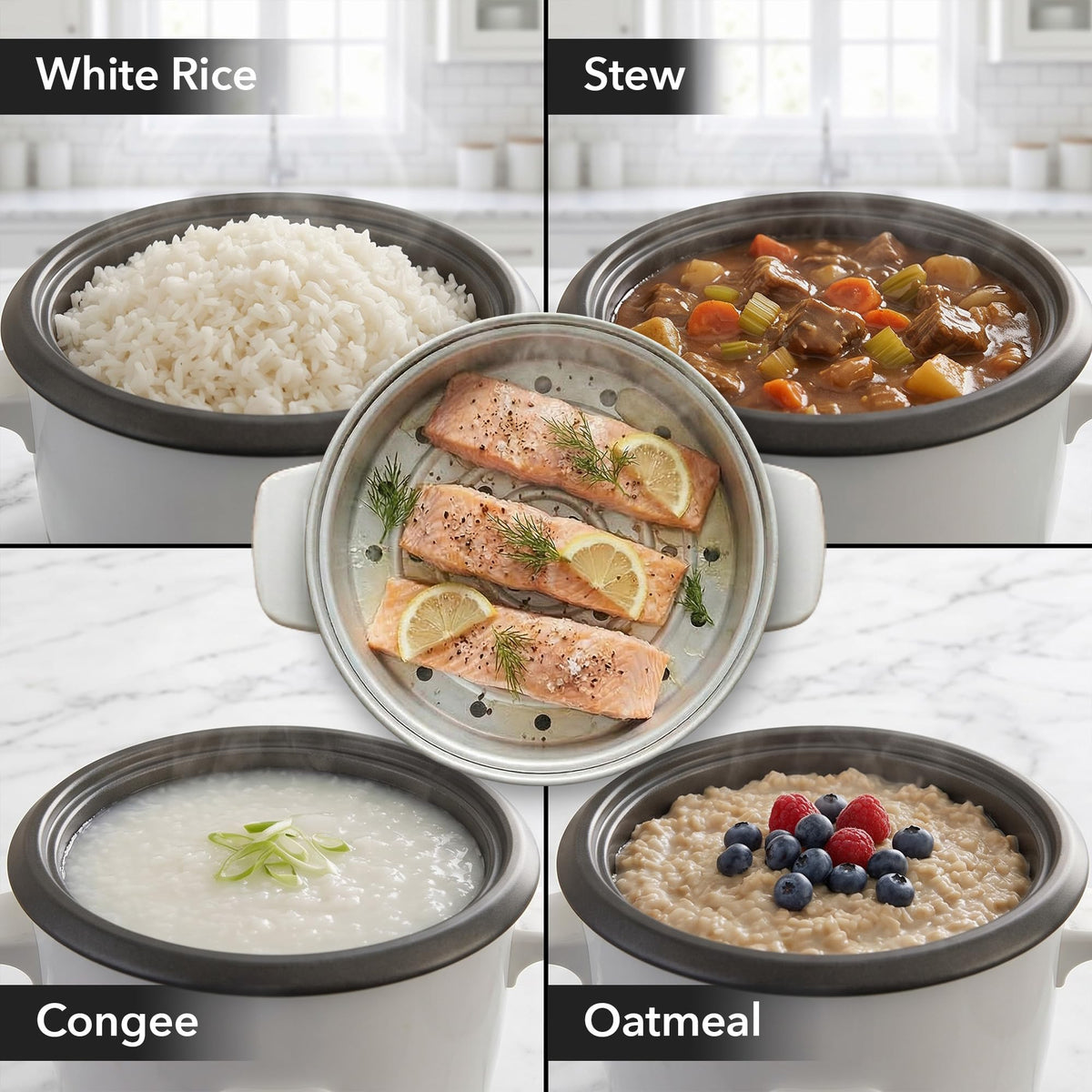 Electric Rice Cooker and Food Steamer – 5-Cup Rice Capacity, Nonstick Removable Pot, Keep Warm Function, Steaming Basket, Measuring Cup and Spatula Included, White RCS01W