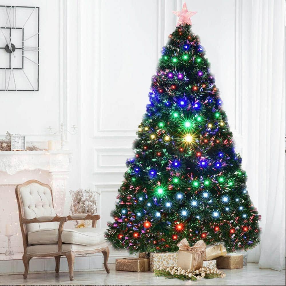 7 ft. Green Pre-lit LED Fiber Optic Artificial Christmas Tree with 280 Multi-Color LED Lights and Metal Stand