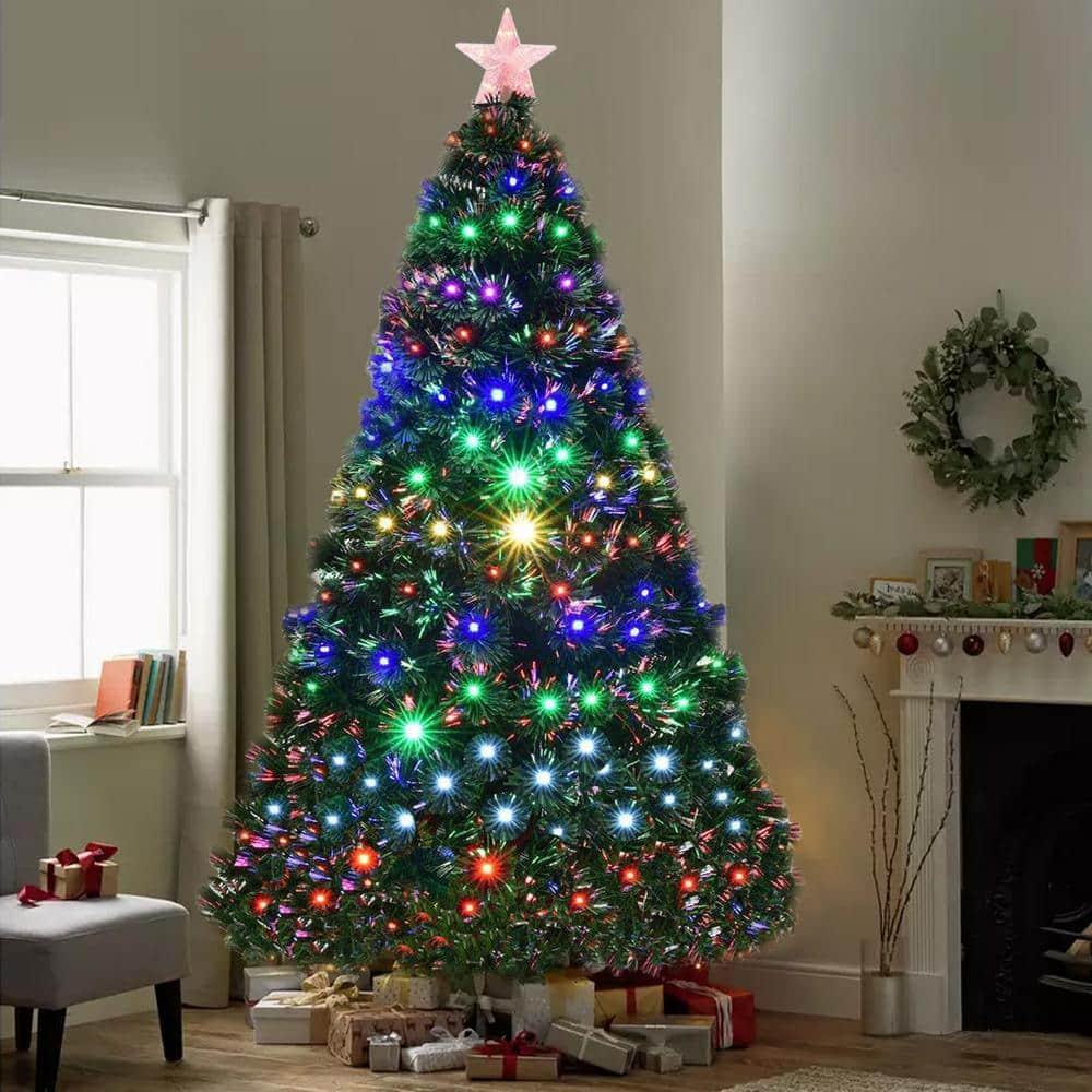 7 ft. Green Pre-lit LED Fiber Optic Artificial Christmas Tree with 280 Multi-Color LED Lights and Metal Stand