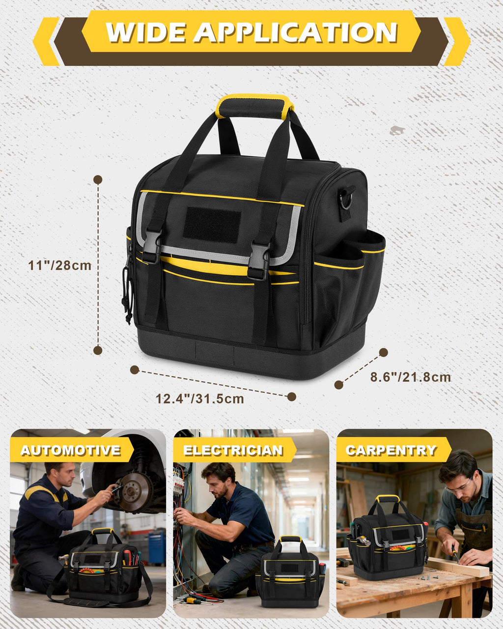 12-Inch Tool Bag with Hard Bottom, Electrician Tool Box Organizer | Detachable Divider, Multiple Pockets, Padded Handle, Adjustable Shoulder Strap, Ideal for Mechanics, Carpenters, Plumbers