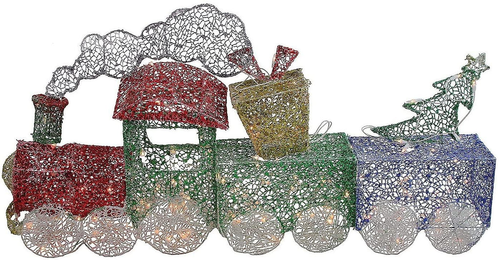 3pc Red and Green Glittering Lighted Christmas Train with Presents Outdoor Yard Decor
