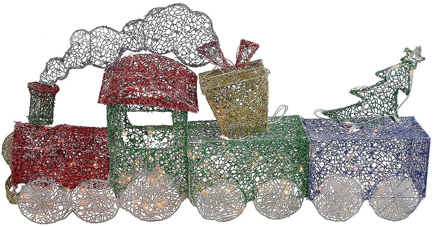 3pc Red and Green Glittering Lighted Christmas Train with Presents Outdoor Yard Decor