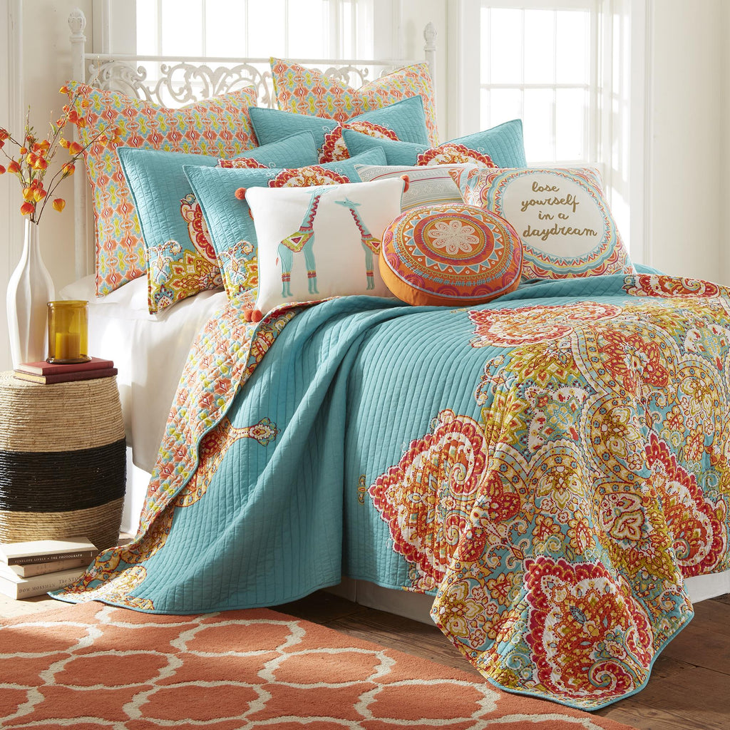 Levtex Home - Mariska Quilt Set - Twin Quilt (68x86in.) + One Standard Pillow Sham (20x26in.) - Damask - Teal, Orange, Multcolor - Reversible - Cotton Fabric