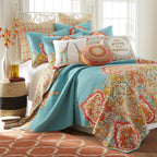 Levtex Home - Mariska Quilt Set - Twin Quilt (68x86in.) + One Standard Pillow Sham (20x26in.) - Damask - Teal, Orange, Multcolor - Reversible - Cotton Fabric