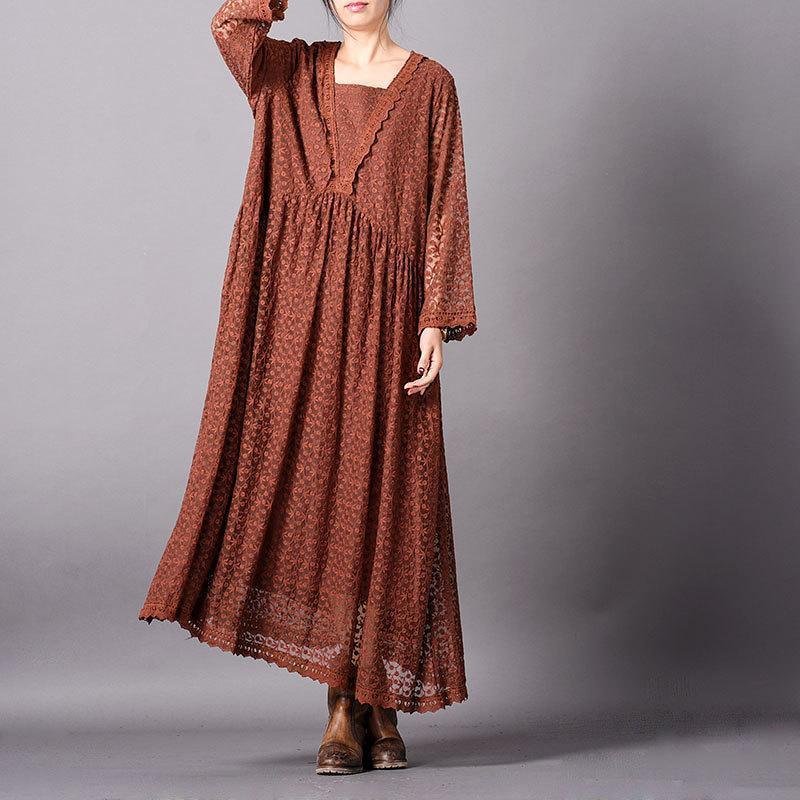 Loose Lace Embroidered Maxi Long Sleeve Dress
