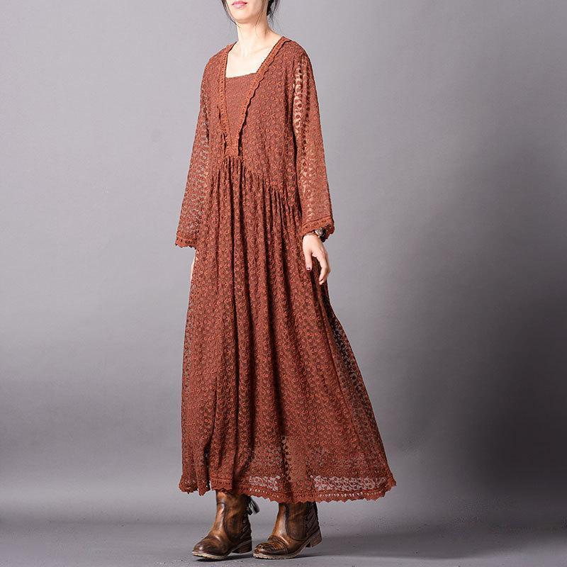 Loose Lace Embroidered Maxi Long Sleeve Dress