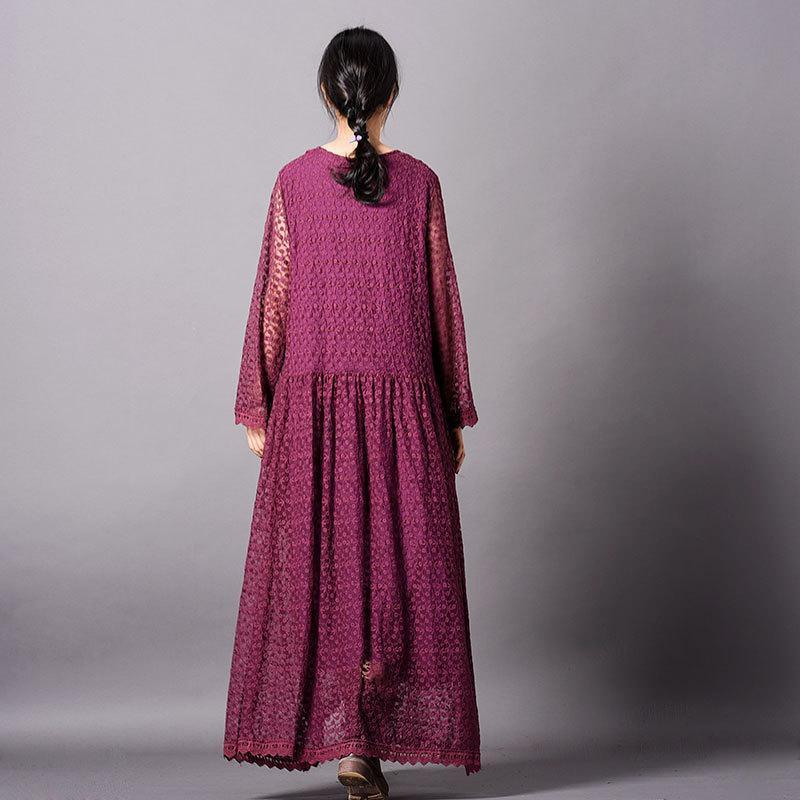 Loose Lace Embroidered Maxi Long Sleeve Dress