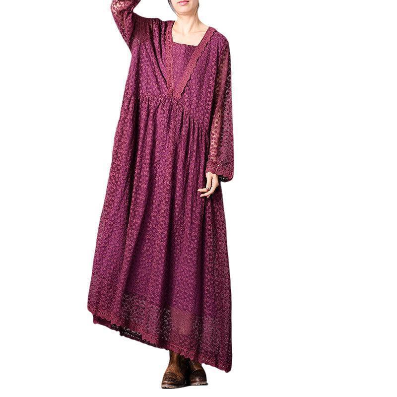 Loose Lace Embroidered Maxi Long Sleeve Dress