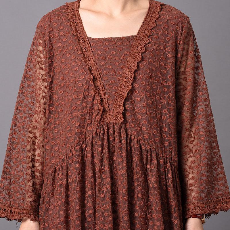 Loose Lace Embroidered Maxi Long Sleeve Dress