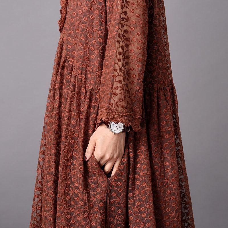 Loose Lace Embroidered Maxi Long Sleeve Dress