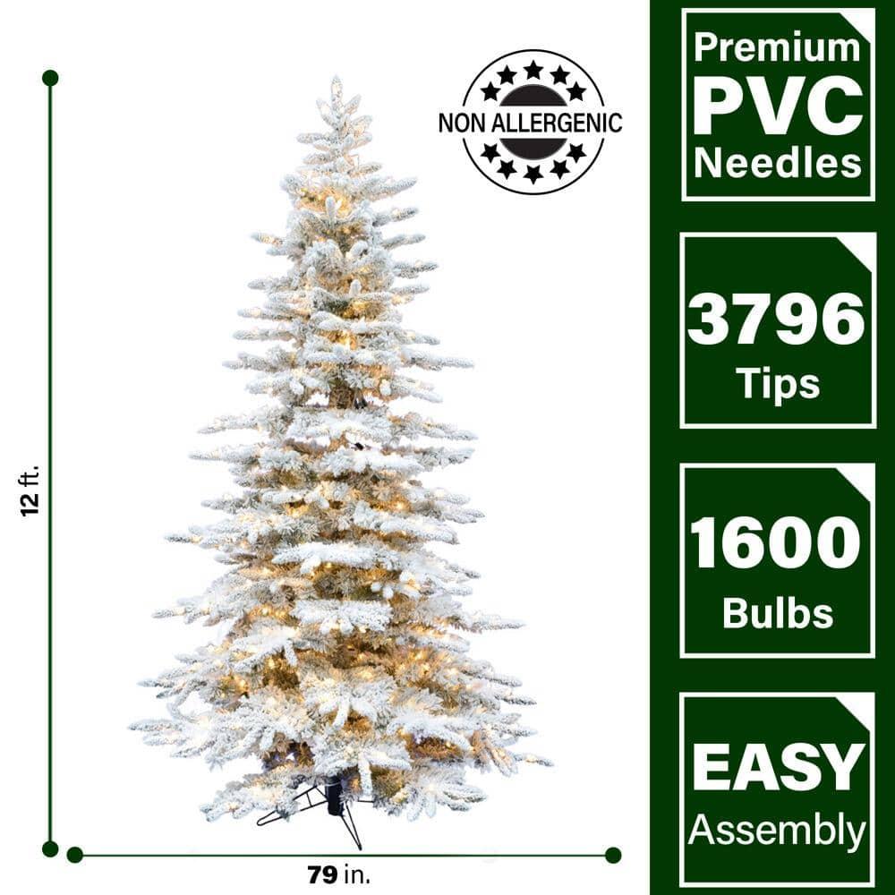 12 ft. Pre-Lit Flocked Pine Valley Artificial Christmas Tree with Warm White LED Lighting