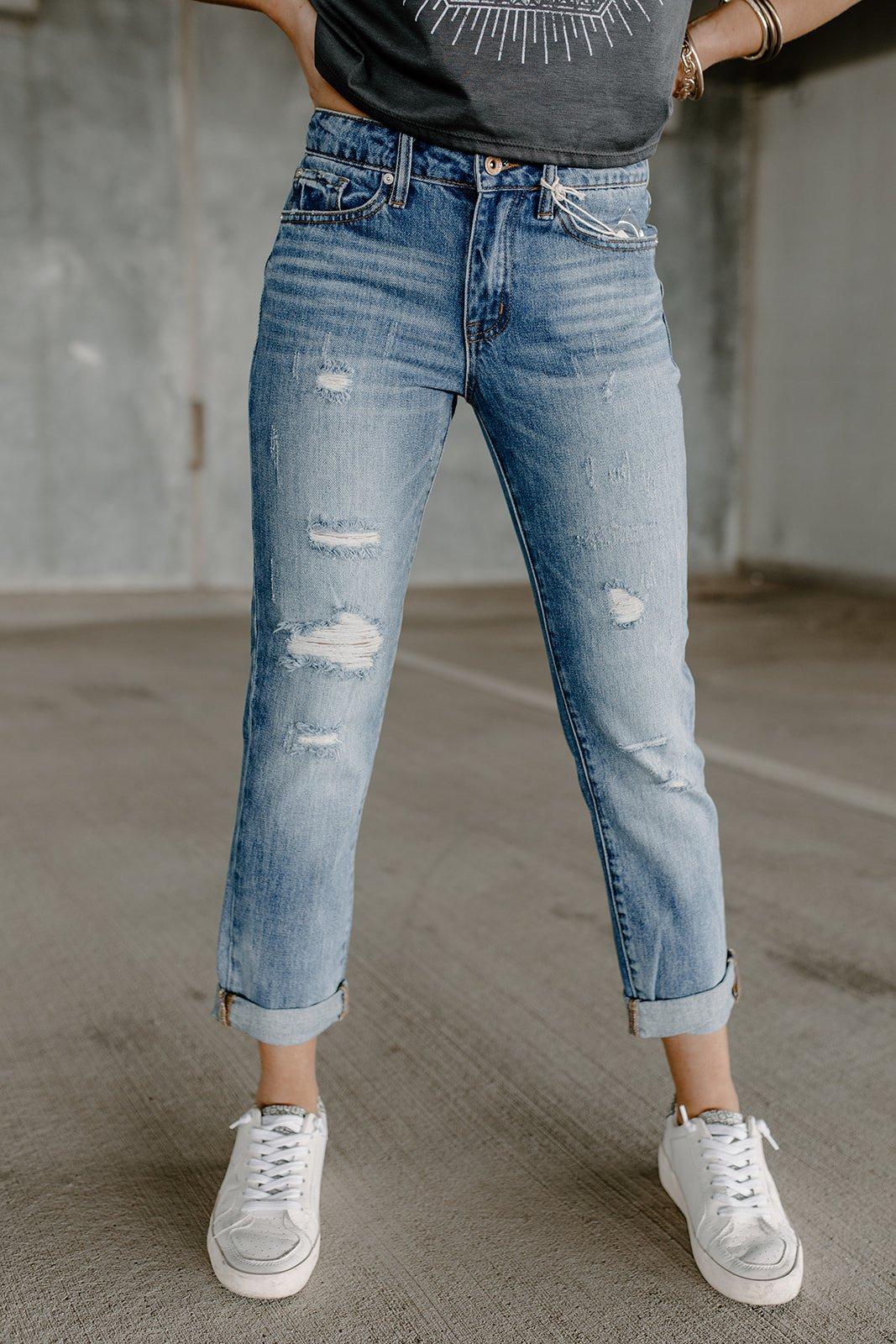 mid rise cuff medium dark denim jeans