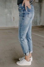 mid rise cuff medium dark denim jeans