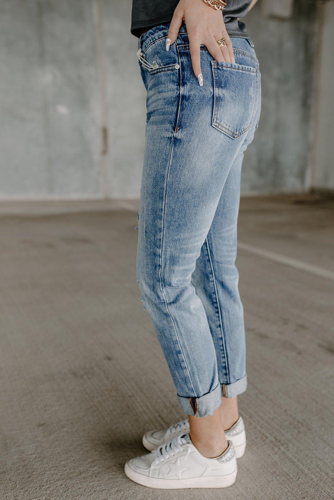 mid rise cuff medium dark denim jeans