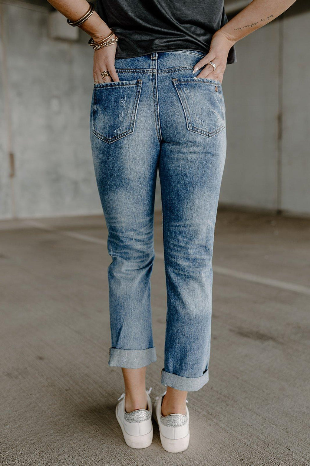 mid rise cuff medium dark denim jeans