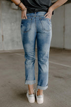 mid rise cuff medium dark denim jeans