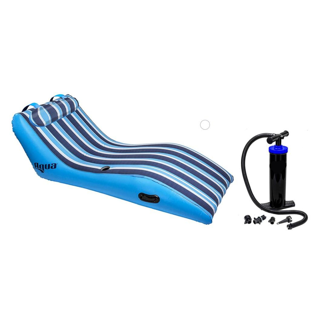 Aqua Key West Ultra Cushioned Comfort Lounge Swimming Pool Float with Pillow &amp; Dual Action Hand Pump with 4 Nozzle Adapters