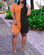 pocket deisng colorblock short sleeve romper