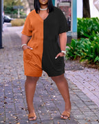 pocket deisng colorblock short sleeve romper
