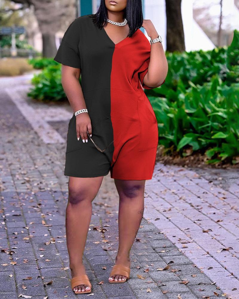 pocket deisng colorblock short sleeve romper