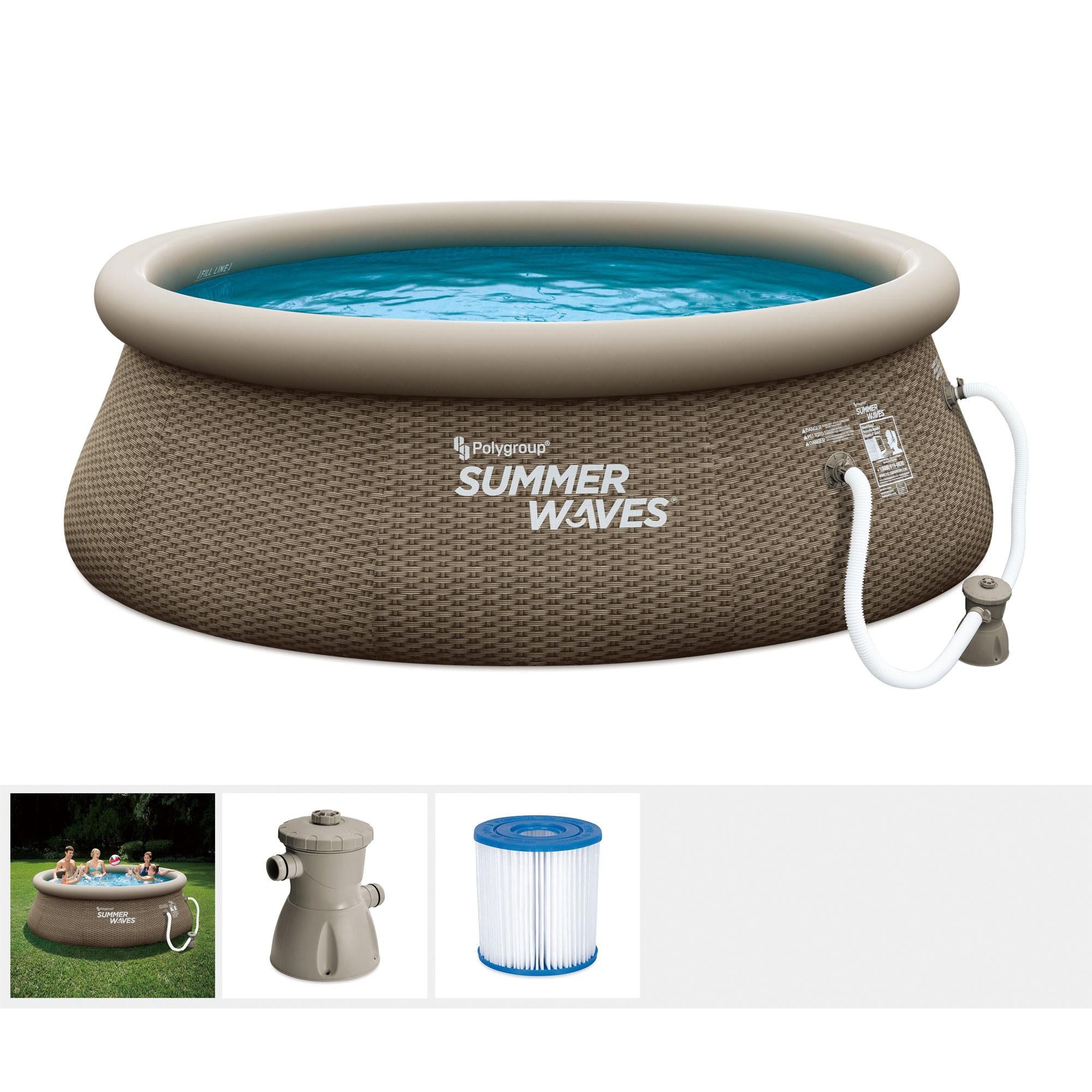 Summer Waves 8 Foot x 30 Inch Quick Set Above Ground Inflatable Outdoor Swimming Pool with Filter Pump, Replacement Cartridge,