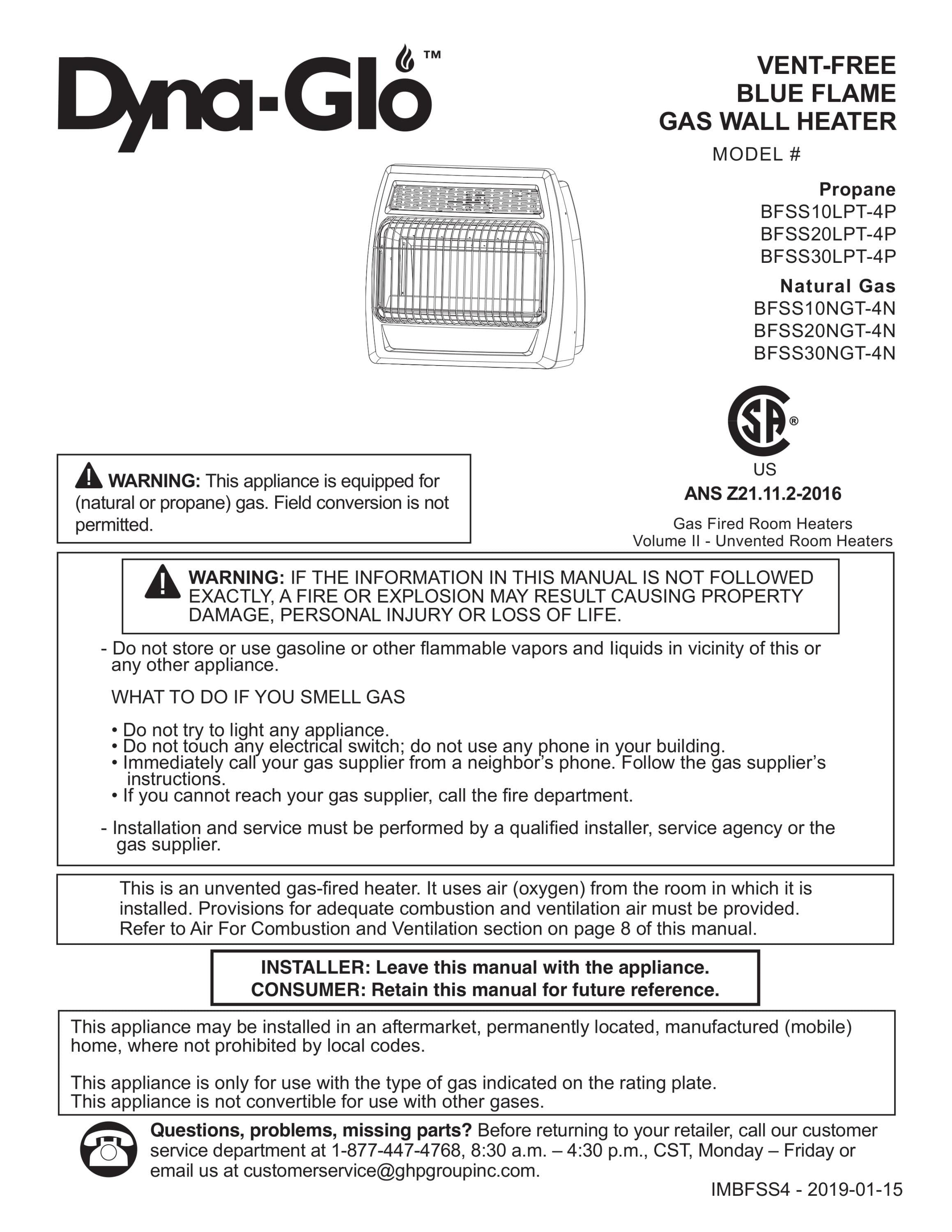 Dyna-Glo 20,000 BTU Liquid Propane Blue Flame Vent Thermostatic Wall Heater