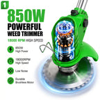 Cordless Weed Wacker with 2 Batteries, Lightweight 21V Weed Trimmer with Wheels, Electric Grass Trimmer, Adjustable Shaft Lawn Tool for Small Yard Tight Spaces