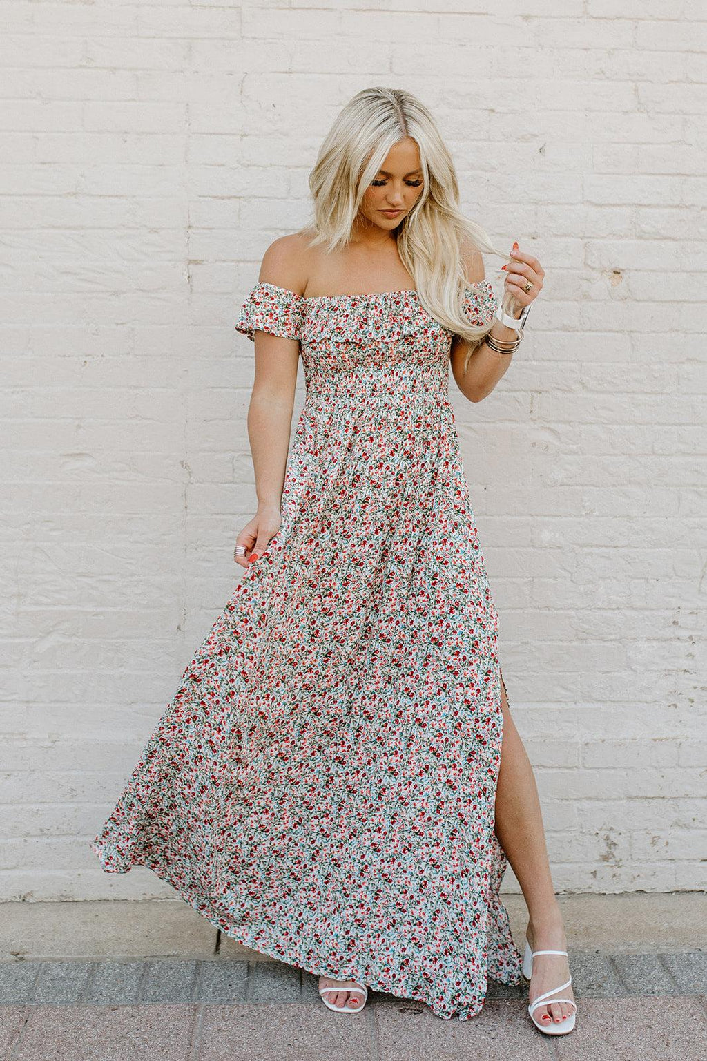 on me floral maxi dress