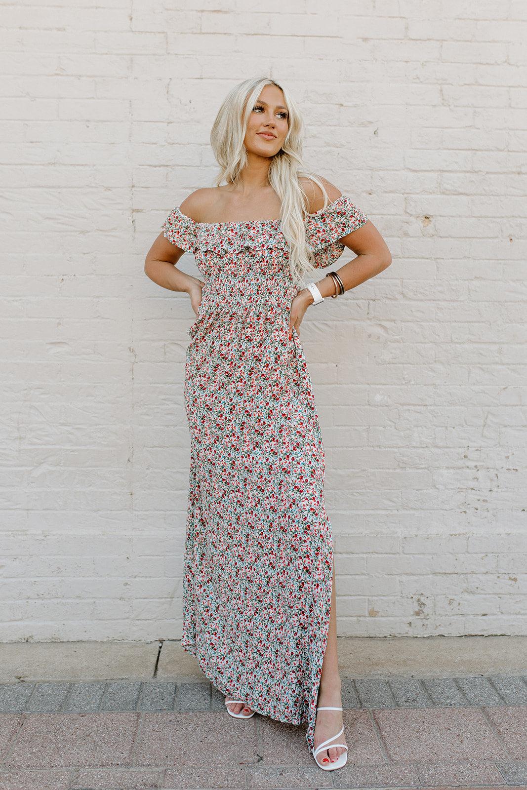 on me floral maxi dress