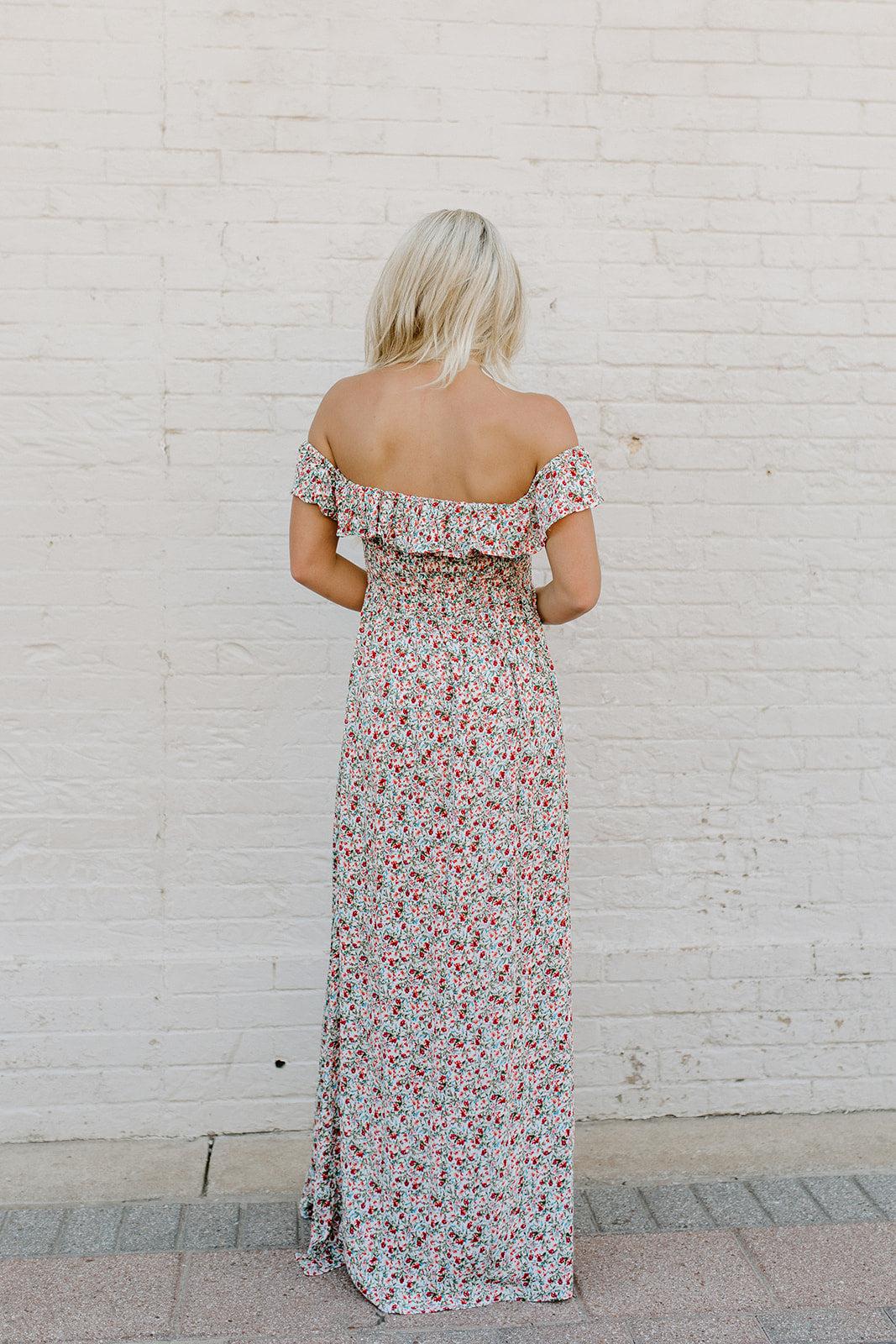 on me floral maxi dress