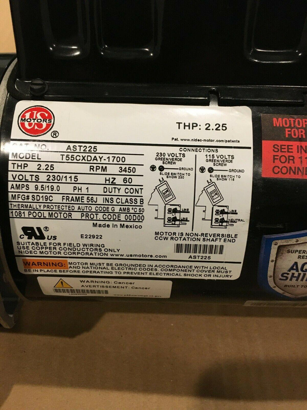 ast225 | 2 hp 3450 rpm 56j 115/230v swimming pool pump motor - us  motors
